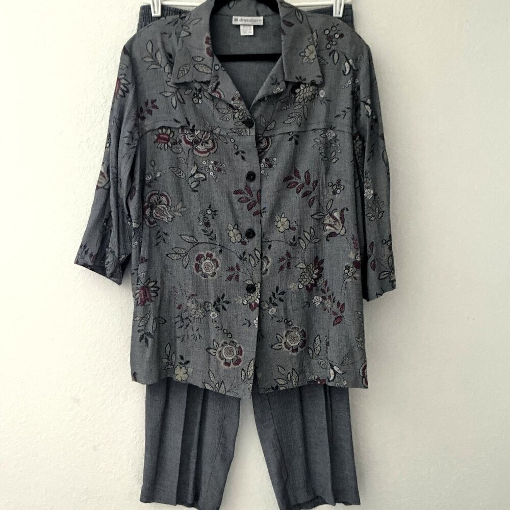 Vintage Dress Barn Floral Two Piece Pant Suit Gray 18W